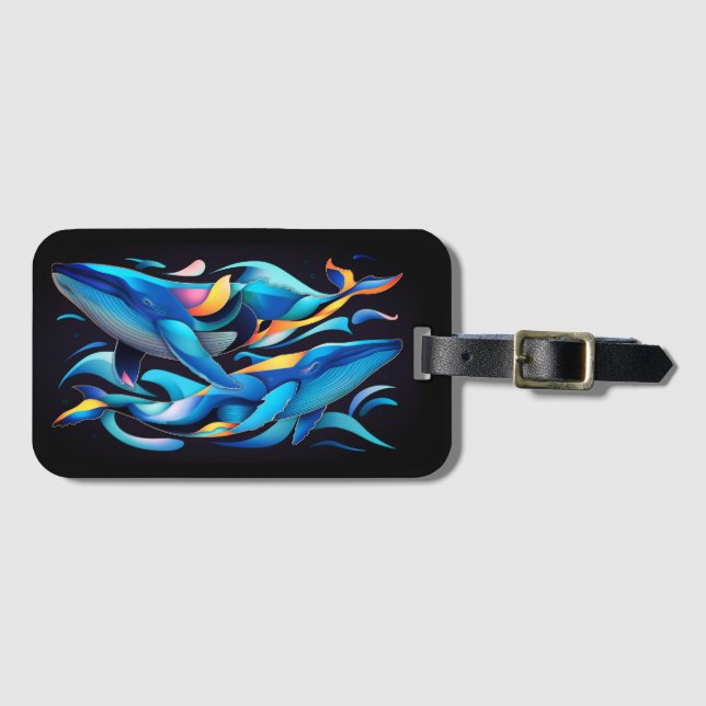 Modern Blue Waves & Whales Luggage Tag (Front Horizontal)