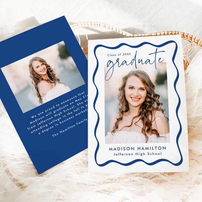 Modern Blue Wavy Frame 2 Photo Graduation Announcement (Creator Uploaded)