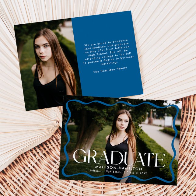 Modern Blue Wavy Frame Graduate Photo Graduation Announcement (Creator Uploaded)