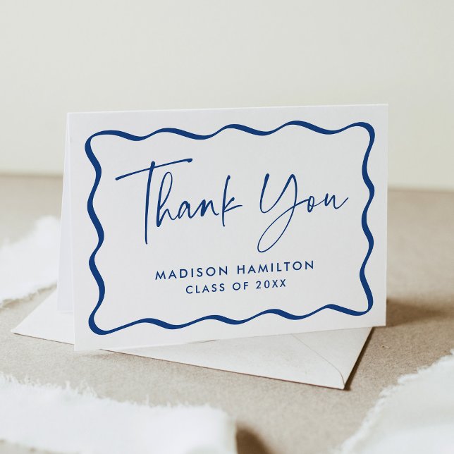 Modern Blue Wavy Frame Photo Graduation Thank You Card (Creator Uploaded)