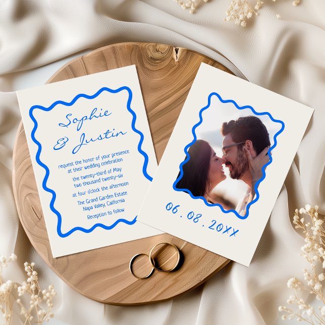 Modern Blue Wavy Frame Photo Wedding Invitation (Creator Uploaded)