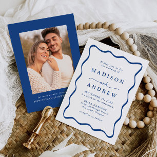 Modern Blue Wavy Frame Photo Wedding Invitation