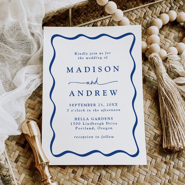 Modern Blue Wavy Frame Wedding Invitation (Creator Uploaded)