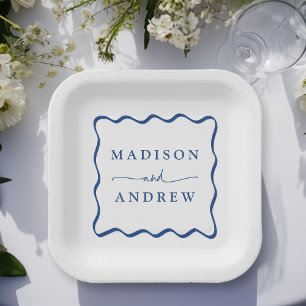 Modern Blue Wavy Frame Wedding Paper Plate