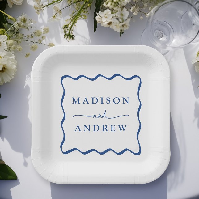 Modern Blue Wavy Frame Wedding Paper Plate (Creator Uploaded)