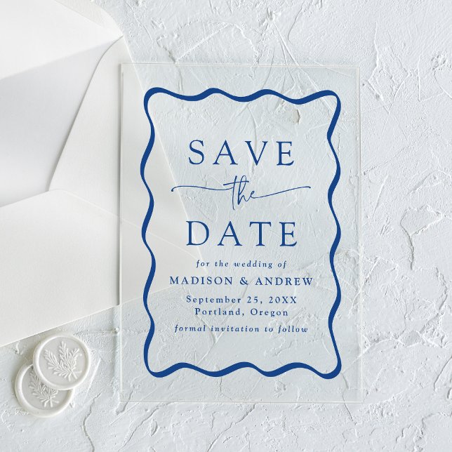 Modern Blue Wavy Frame Wedding Save the Date Acrylic Invitations (Creator Uploaded)