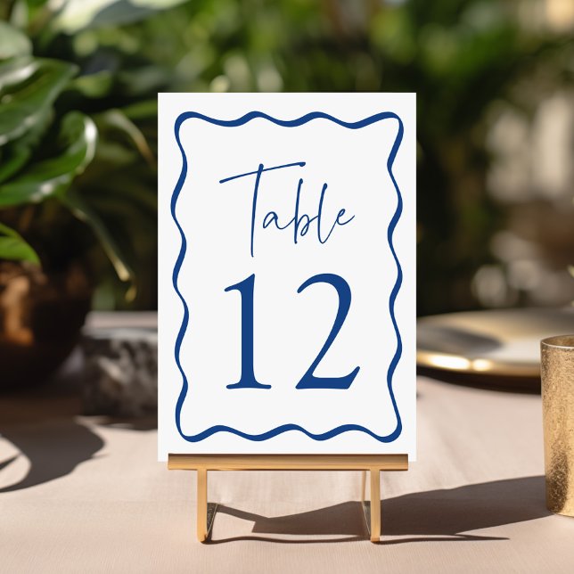 Modern Blue Wavy Frame Wedding Table Number (Creator Uploaded)