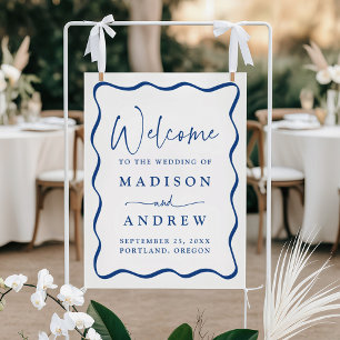 Modern Blue Wavy Frame Wedding Welcome Poster