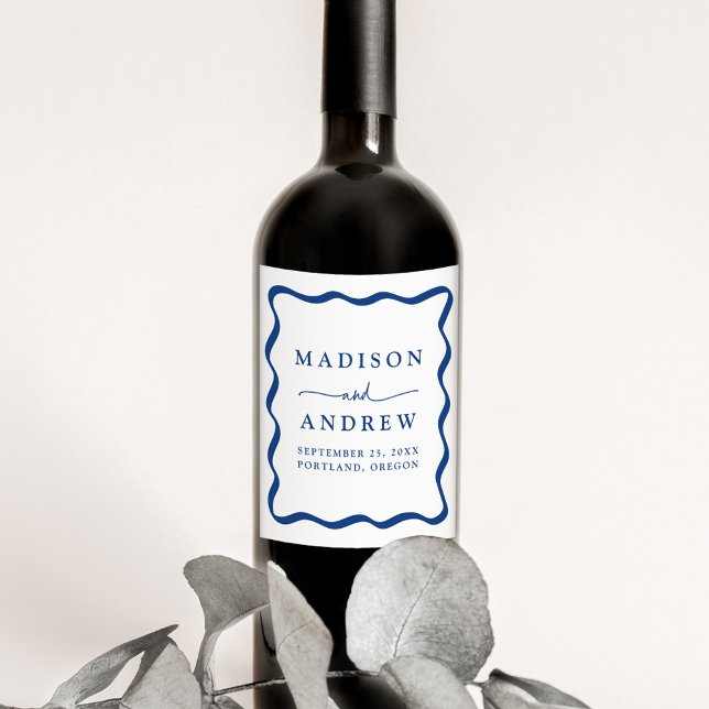 Modern Blue Wavy Frame Wedding Wine Label (Creator Uploaded)