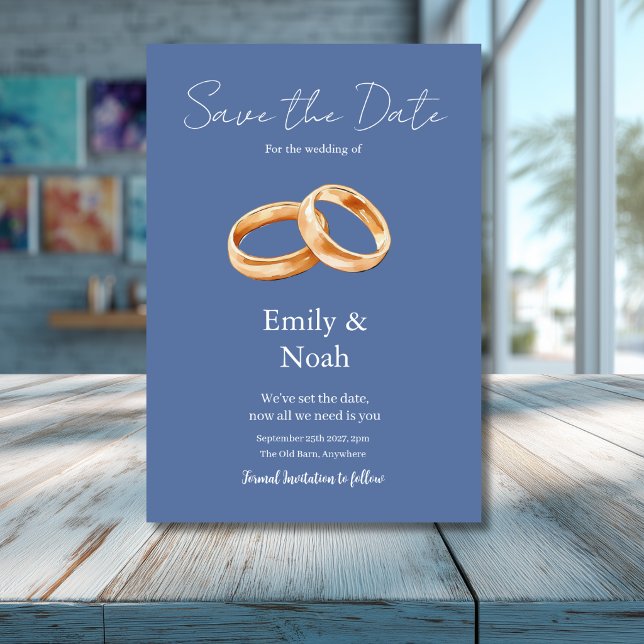 Modern Blue Wedding Rings Save The Date Card (Creator Uploaded)