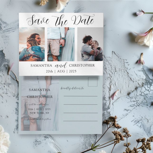 Modern Blue & White 3 Photo Save the Date Announcement Postcard (Creator Uploaded)