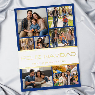 Modern Blue White 7 Photo Collage Feliz Navidad Foil Holiday Card