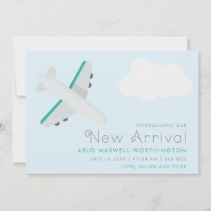 Modern Blue & White Aeroplane Baby Boy Birth Announcement