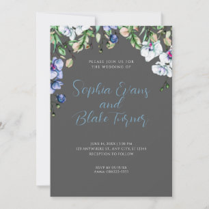 Modern Blue, White and Grey Floral Green Wedding Invitation