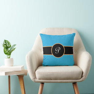 Modern Blue White Black Monogram Quatrefoil Cushion