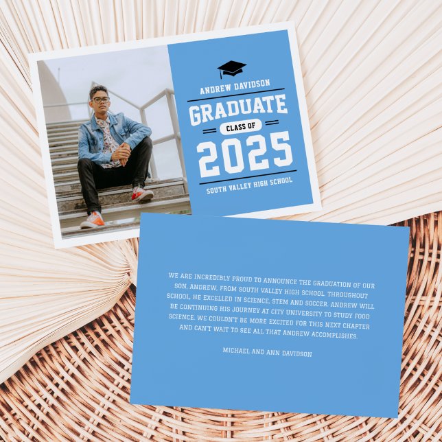 Modern Blue White Black Photo Graduation Announcement (Creator Uploaded)