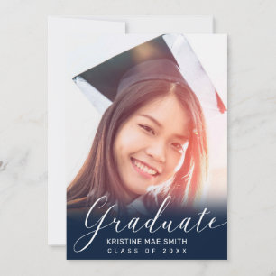 Modern Blue White Calligraphy Photo Graduation Invitation