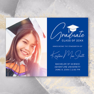 Modern Blue White Cap Photo College Graduation Announcement