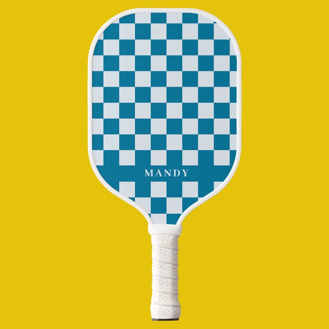 Modern Blue & White Checkerboard Custom Name  Pickleball Paddle (Modern Blue & White Checkerboard Custom Name Pickleball Paddle
)
