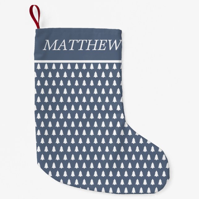 Modern Blue White Christmas Tree Pattern Name Small Christmas Stocking (Front)