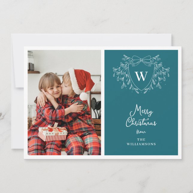 Modern blue & white classy crest 2 photos holiday card (Front)