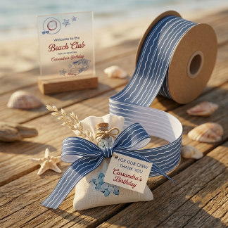 Modern Blue & White Coastal Wave Pattern Satin Ribbon