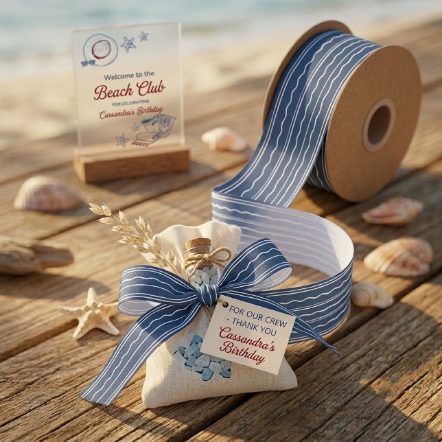 Modern Blue & White Coastal Wave Pattern Satin Ribbon (Creator Uploaded)