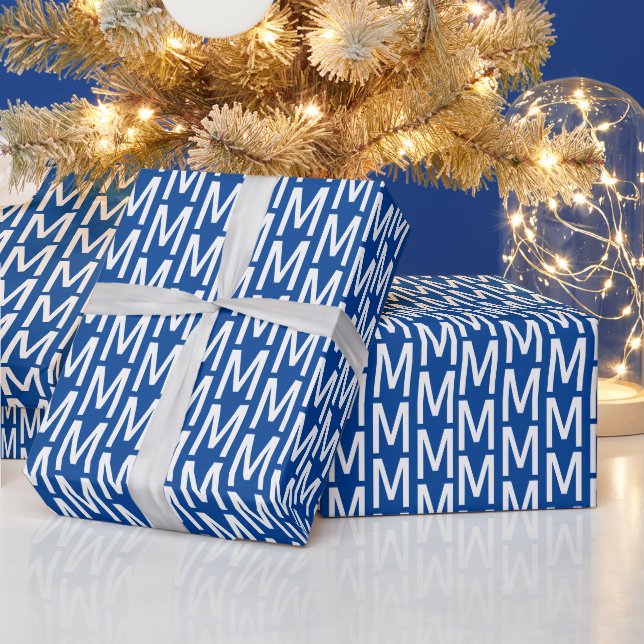 Modern blue white custom monogram initial birthday wrapping paper (Holidays)