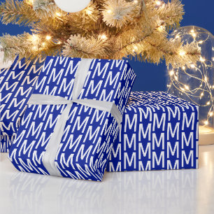Modern blue white custom monogram initial elegant wrapping paper