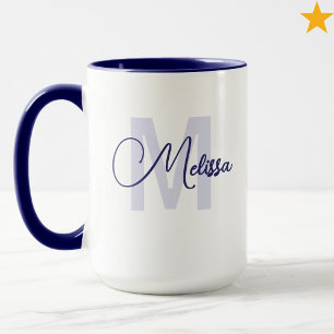 Modern Blue White Custom Name Cursive Monogram Mug