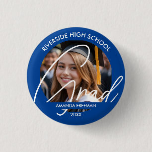 Modern Blue & White Customised Graduate Photo 3 Cm Round Badge