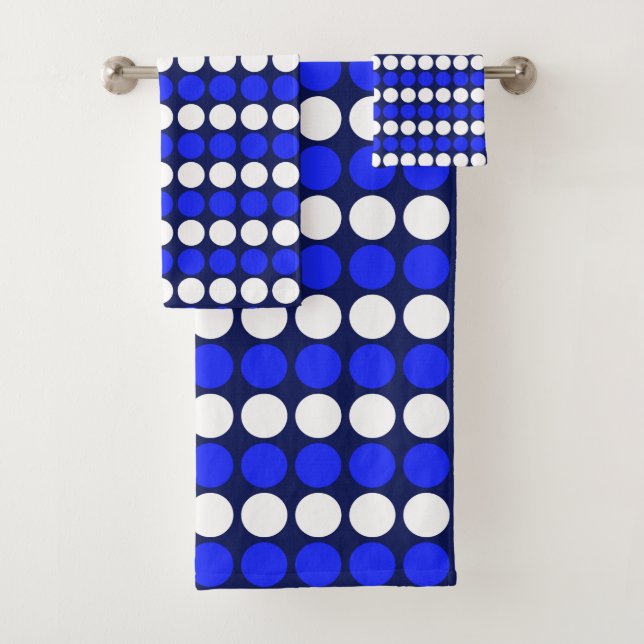 Modern Blue  White Dotted Stripes on Navy Blue Bath Towel Set (Insitu)
