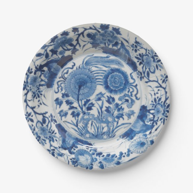 Modern blue white faux porcelain flow floral  paper plate (Front)