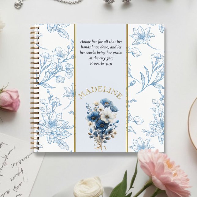 Modern Blue White Floral Bible Verse Custom Name Notebook (Creator Uploaded)