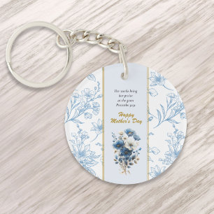 Modern Blue White Floral Happy Mothers Day Key Ring