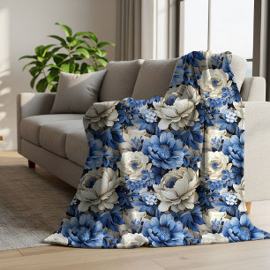 Modern Blue White Floral Ivory Cosy Throw Blanket