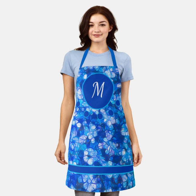 Modern Blue White Floral Watercolor Monogram Apron (Worn)