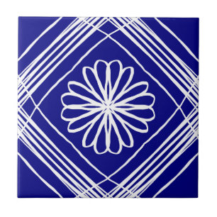 Modern Blue White Flower Line Art Ceramic Tile