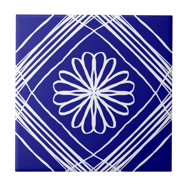Modern Blue White Flower Line Art Ceramic Tile (Front)