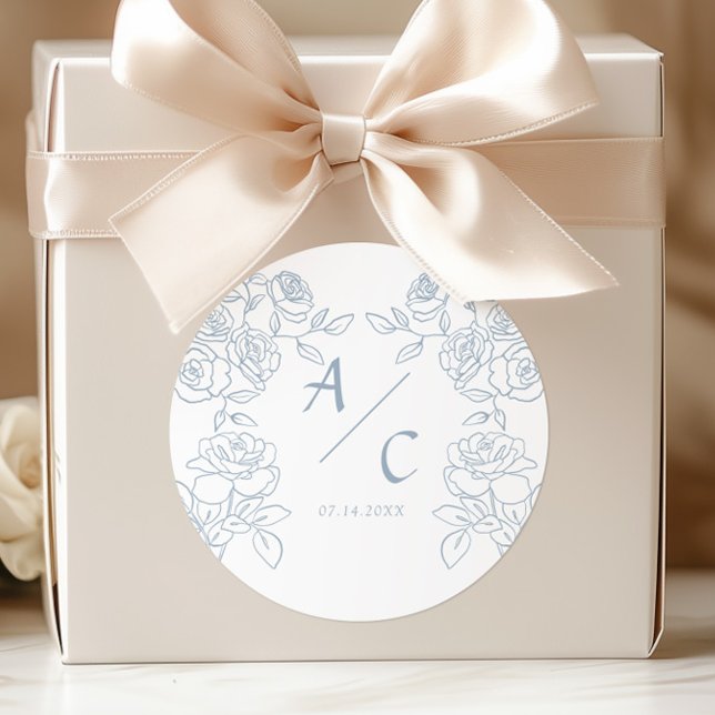 Modern Blue & White French Roses Wedding Classic Round Sticker (Creator Uploaded)