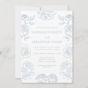 Modern Blue & White French Roses Wedding Invitation