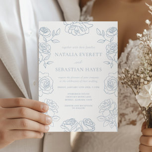 Modern Blue & White French Roses Wedding Invitation