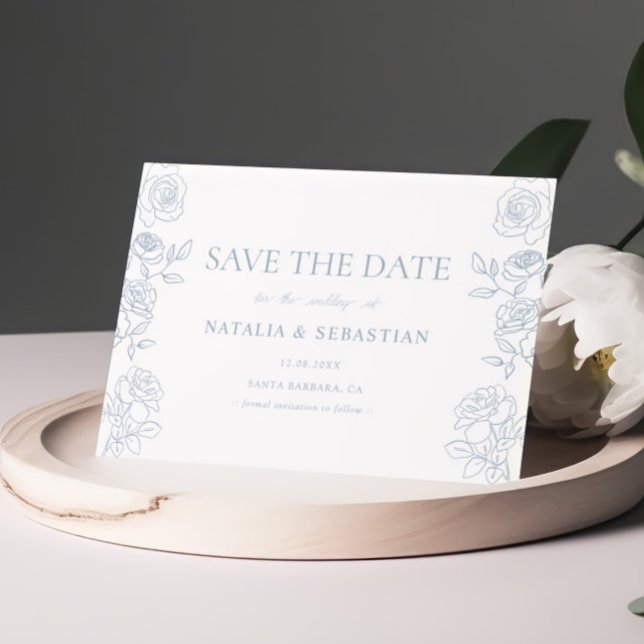 Modern Blue & White French Roses Wedding Save The Date (Creator Uploaded)