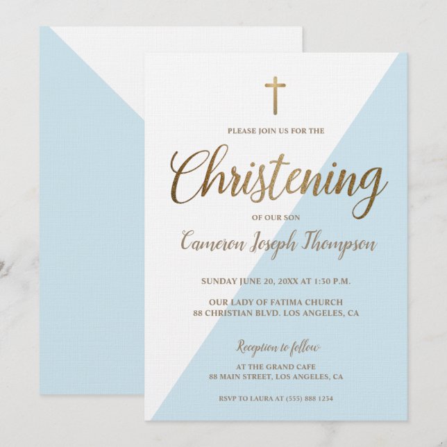Modern Blue White Gold Christening baby Boy Invitation (Front/Back)