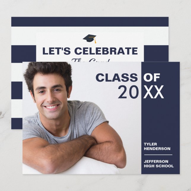 Modern Blue White Graduation Photo Party Invite (Front/Back)