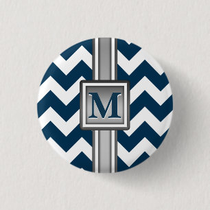 Modern Blue White Grey Monogrammed Chevron 3 Cm Round Badge