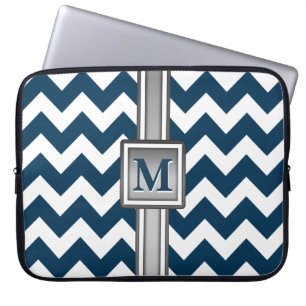 Modern Blue White Grey Monogrammed Chevron Laptop Sleeve