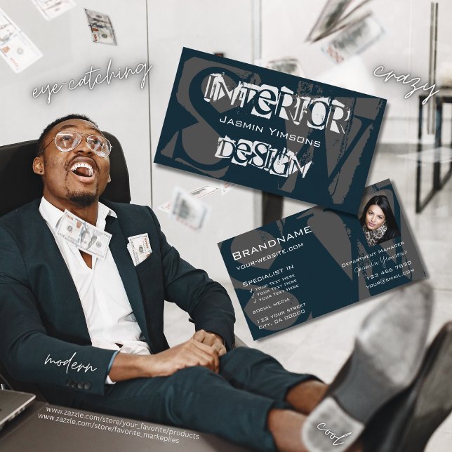 Modern Blue White Grey with Photo and Monogram Business Card (Creator Uploaded)