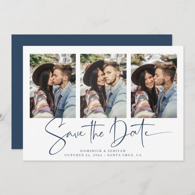 Modern Blue White Handwritten Save the Date (Front/Back)