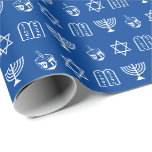 Modern blue white Jewish icons pattern Hanukkah Wrapping Paper<br><div class="desc">Modern blue and white Jewish icons pattern elegant Hanukkah gift Wrapping Paper.

The design features Star of David,  Hebrew Magen David,  Dreidel,  menorah,  Torah,  white pattern on blue background.

This wrapping paper is great for Hanukkah,  Chanukah,  bar mitzvah,  bat mitzvah,  Shabbat and Jewish Holidays.</div>